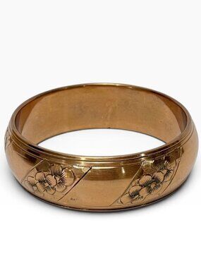 Vintage Copper Bracelet 1" Wide Bangle Floral Etched Metal Boho